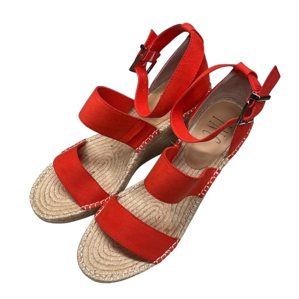 INC International Concepts Coral Red Platform Wedge Espadrille Sandals‎ Size 7.5